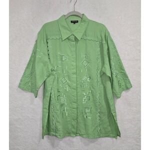 Cleopatra Women's 3XL Green Button-Up Shirt Embroidered 3/4 Sleeve Linen Shirt